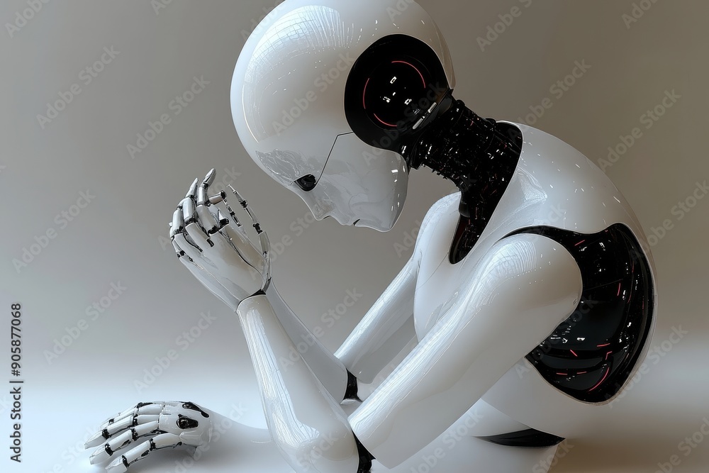 Poster futuristic android in a reflective pose embodying the convergence of human emotion and artificial in