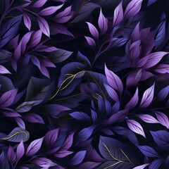 Elegant purple leaves and branches with gold veins on dark background seamless pattern