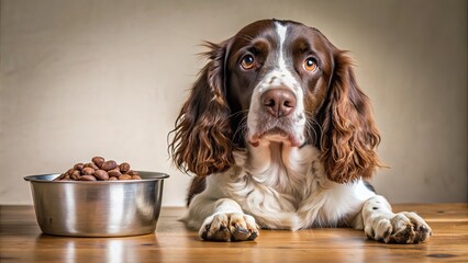 English Springer Spaniel lying next to bowl of dry dog food, waiting patiently to eat, sad, pet, permission, eating, food