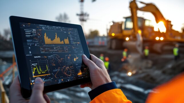 Close-up of a construction site with a digital tablet displaying a road construction management software interface, showing graphs, maps, and project details. In the background, contractors are