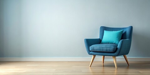 Fototapeta premium Blue chair with pillow in room, blue, chair, pillow, room, interior, furniture, comfortable, cozy, home decor, design