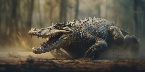 Obraz premium Enraged crocodile charges through the jungle