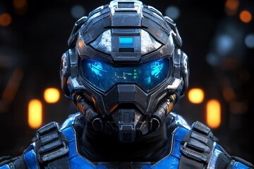 Armored robotic soldier with intense blue glowing eyes symbolizing futuristic military power and advanced robotics