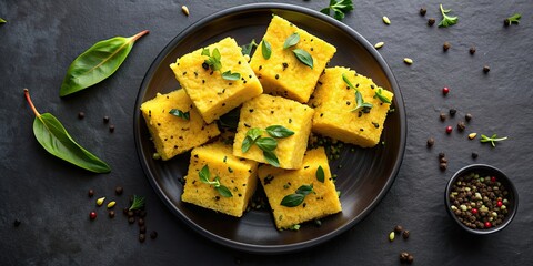 Top view of a delectable Gujarati Khaman Dhokla on a dark background, Gujarati, Khaman Dhokla, savory