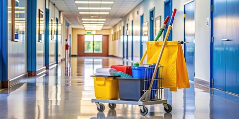 Janitorial cart filled with mop, bucket, and cleaning supplies in a school hallway, janitorial, cart, mop