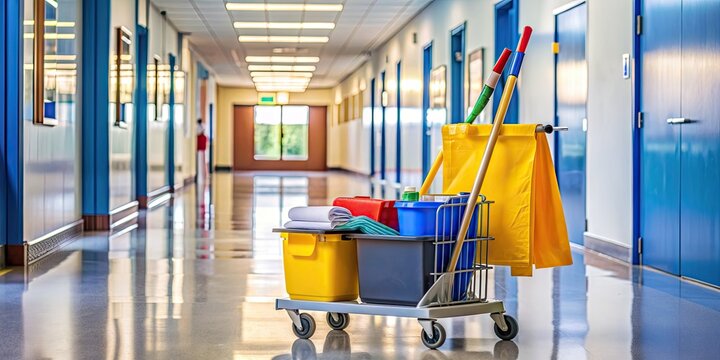 Janitorial cart filled with mop, bucket, and cleaning supplies in a school hallway, janitorial, cart, mop