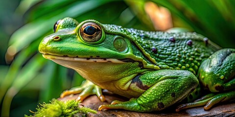 Close-up of a vibrant green tree African Bullfrog showcasing its glossy skin and detailed texture
