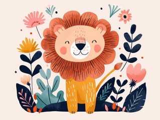 Adorable cartoon style of a lion in a nursery themed design  perfect for children s books  prints  and wall decor in a modern  playful aesthetic