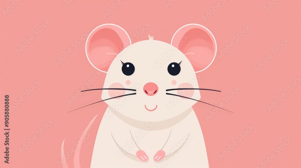 Poster Cute cartoon style featuring a playful mouse character with a friendly optimistic expression large eyes long whiskers and pointed ears  Designed in a simple