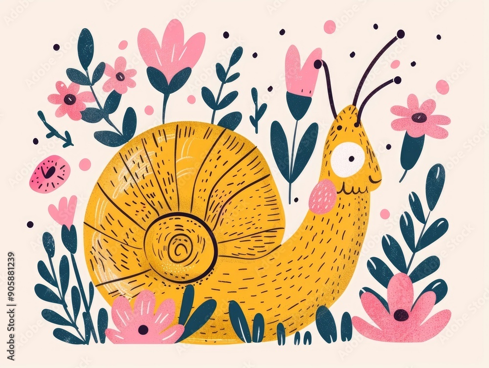 Aufkleber this delightful cartoon style features a whimsical playful snail character with a patterned shell th
