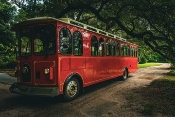retro red tour bus or trolley parked under beautiful live oaks in Charleston South Carolina 