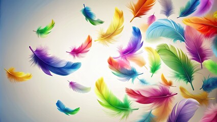 Multi-colored feathers floating gracefully on a light background, feathers, colorful, vibrant, soft, delicate, light