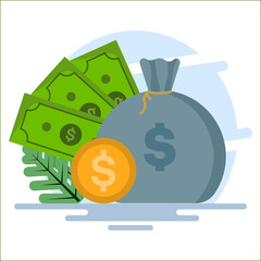 Concept of big stack or heap of gold coins and cash in sack, money vector, lots of money isolated, wealth idea, wealth or successful investment, treasure or rich gift, income or income savings.