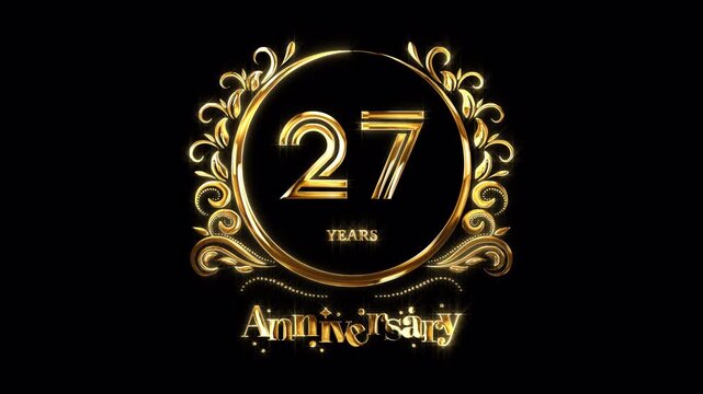27th Anniversary Celebration. Happy 27 Years Anniversary Animation in Gold Color on the Transparent Background, Alpha Channel. Great for greetings, celebrations, events, and gifts.