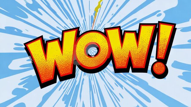 Retro animation of retro text WOW! in speech bubble with speed lines effect on blue background. Vintage comic book letters. Pop art style. Video for promotion or presentation