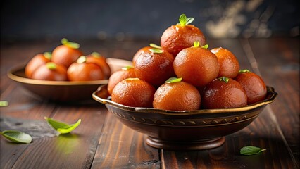 Delicious Indian dessert Gulab Jamun , Sweet, fried, syrupy, round, traditional, indulgent, tasty, dessert