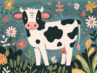 Naklejka premium Charming cartoon style of a cute cow surrounded by colorful flowers and foliage perfect for nursery children s books or home decor