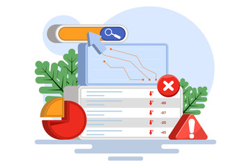 The concept of SEO errors, errors in website search optimization that have a negative impact on search engine rankings, keyword stuffing, duplicate content, missing SEO meta tags, or broken links.
