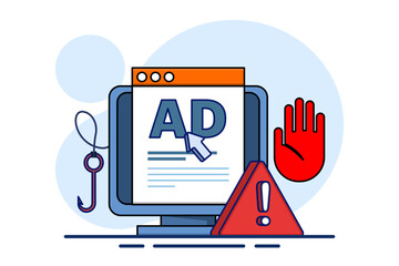 Advertising fraud concept. Ad click fraud, Impression fraud, online fraud with fraudulent activities, loss of Advertising ROI. fake traffic bots in digital marketing ad networks. flat vector.