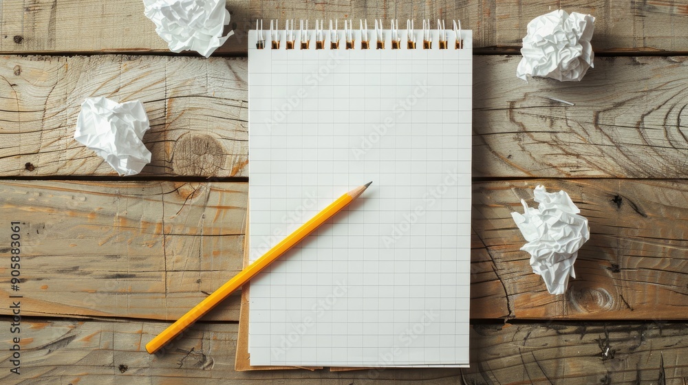 Sticker notepad and pencil with crumpled papers on wooden table