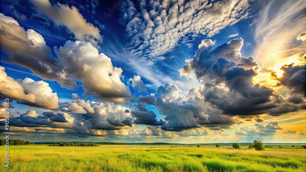 Sticker Landscape with beautiful cloudy sky, nature, clouds, scenic, peaceful, serene, horizon, outdoor, sunlight