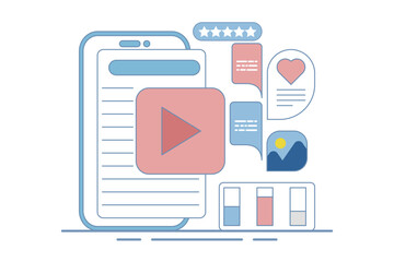 Video content concept for content marketing on social media. Content that attracts likes, shares, audience engagement, Content with audience reaction, Vector illustration with icons on the background.