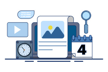 Content Calendar Concept or content planning, social media content, post scheduler, time management organization at work, conceptual landing page template with icons and text. flat vector illustration