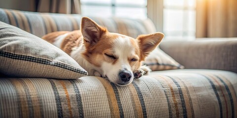 A cute dog peacefully sleeping on a comfortable couch with a pillow , dog, pet, animal, sleeping, relaxation, cozy, comfortable