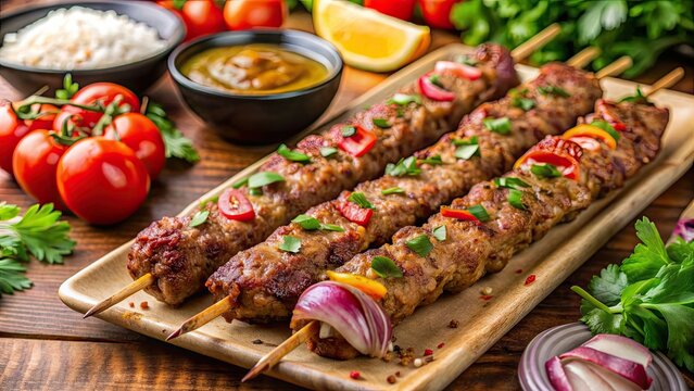 Close up of delicious Persian koobideh kabab on a skewer, Persian, koobideh, kabab, skewer, meat, grilled, Middle Eastern