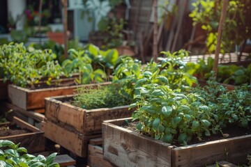 Raided beds in a urban garden growing plants