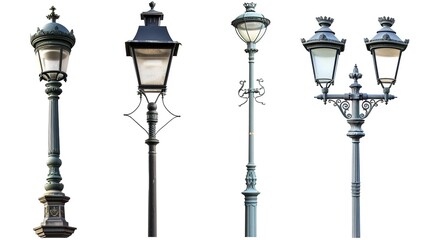 Three Classic European-Style Street Lampposts Isolated on White Background