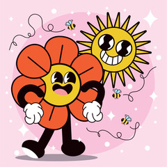 Flower and sun groovy cartoon character Vector