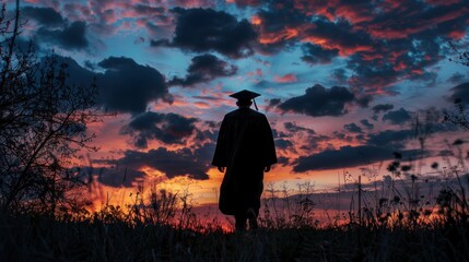 Obraz premium Silhouette of Graduate Walking into Sunset.