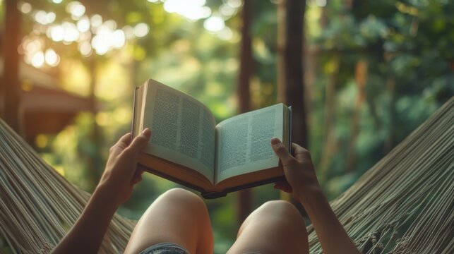 Person relaxing in a hammock with a book