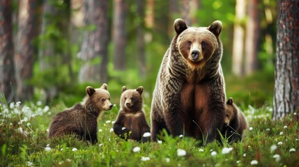 Obraz premium Mother bear with her cubs in a forest clearing