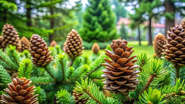 Close-up shot of conifer cones in the lush greenery of IPB Bogor campus area, conifer, cones, forest, nature, outdoor