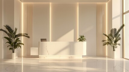 A large, empty room with a white wall and a white desk