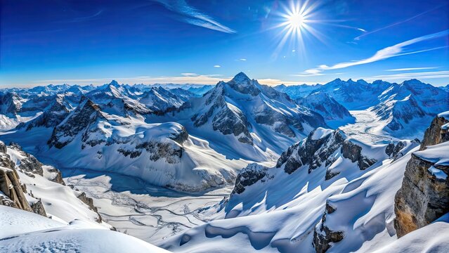 Panoramic view of Snow Alps and Blue Sky around Titlis mountain, Switzerland, Panoramic view