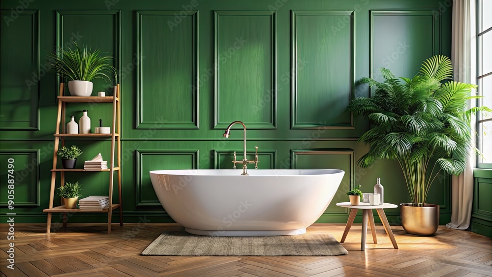 Poster Luxurious bathroom featuring a bathtub against a vibrant green wall , luxury, bathroom, bathtub, green wall, interior design, relaxing