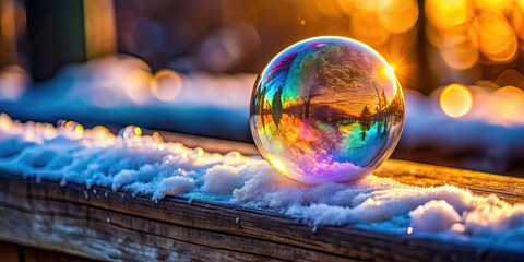 Frozen soap bubble with colorful light on wooden structure , frozen, soap bubble, beautiful, light, colors