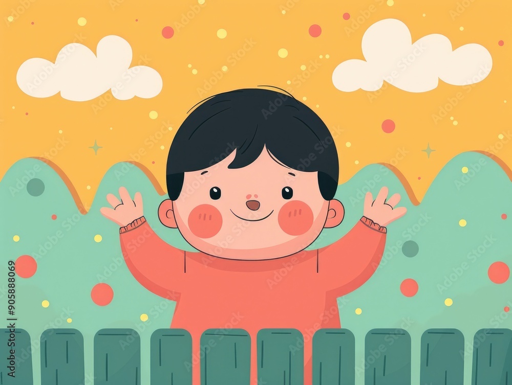 Poster cute cartoon style of a baby waving hello in a simple cheerful nursery setting with clouds nature el