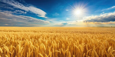 Naklejka premium Golden wheat field basking in the sun , agriculture, farm, summer, crop, rural, nature, growth, sunlight, harvest, beauty