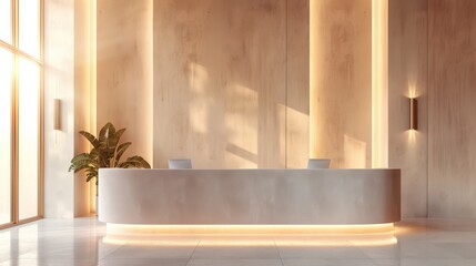 A large white reception desk with a potted plant in front of it