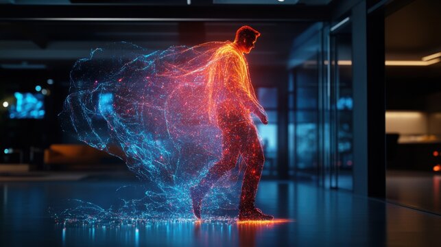 Photorealistic image of a man similar to Sheldon Cooper in motion, adorned in a neon-colored, glowing, and sparkling futuristic aura quartz oversized airy cloak, set against a black background inside