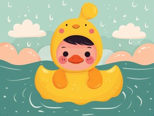 Adorable cartoon style of a happy baby swimming with a bright yellow rubber duck in a whimsical colorful outdoor setting with clouds rain and sunshine  Playful cheerful