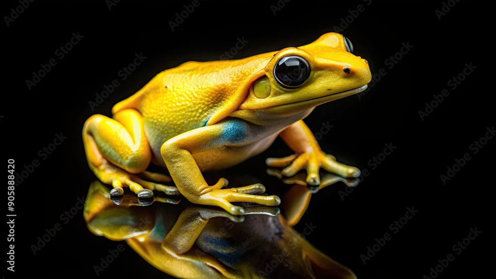 Wall mural Yellow vibrant tropical frog on black glossy background, frog, tropical, vibrant, yellow, isolated, glossy, background