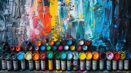 Fototapeta premium Colorful paint cans with abstract paint background.