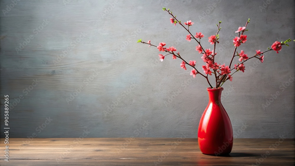 Wall mural Red vase with blooming branch on table, red, vase, branch, flowers, table, decor, interior, home, decoration, spring