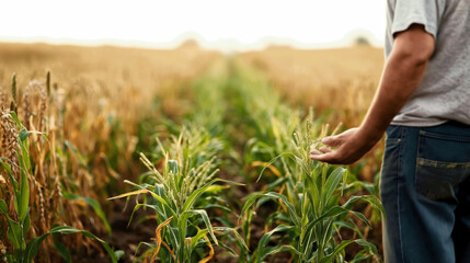 Fototapeta premium Farmer standing in cornfield, focus on corn plant, agricultural worker in field, farming and agriculture concept, rural landscape.