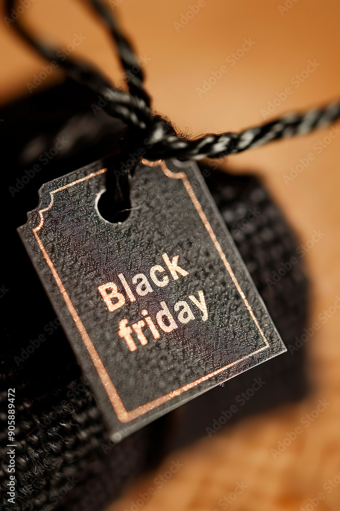 Poster a black tag with the word black friday written on it. the tag is hanging from a string